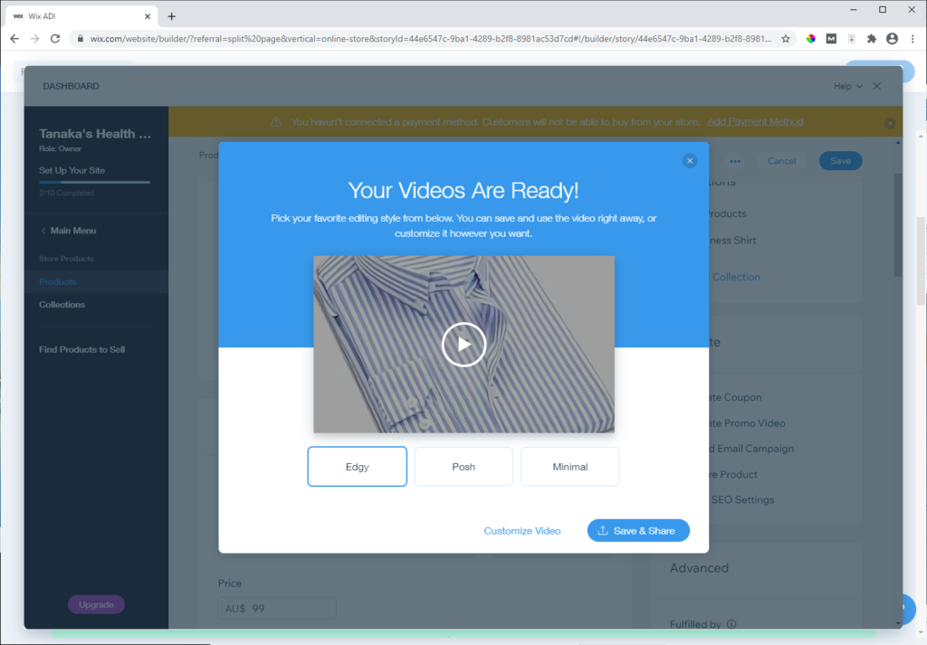 Wix allows creation of product videos from the product images