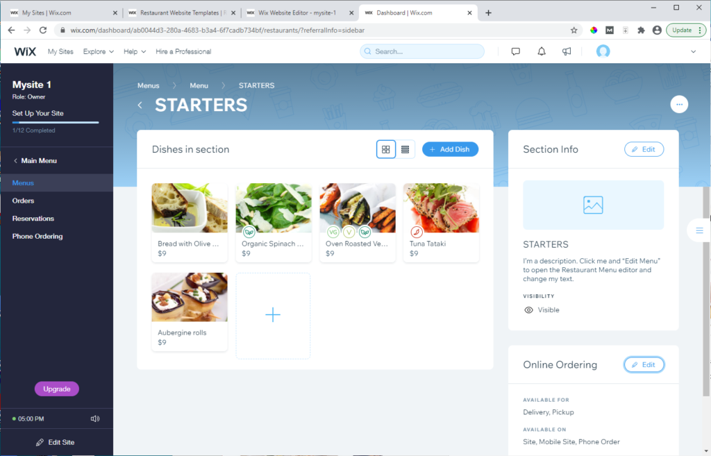 Wix template allows you to edit the menu for your restaurant